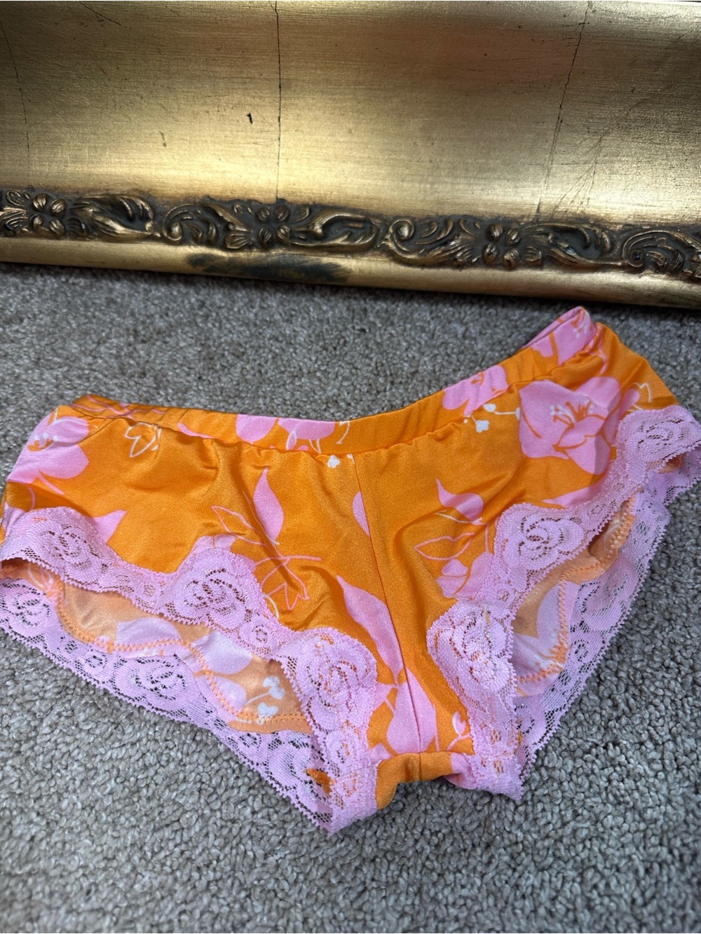 New Vintage Rene Rofe Y2K 90's Satin Lace Briefs Small Pink Orange Lace Floral